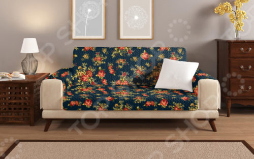 Универсальная накидка «Уютный дом» на двухместный диван. Цвет: синий